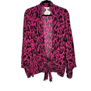 Umgee Oversized Boho Fringe Fuchsia Animal Print Tie Waist Wrap